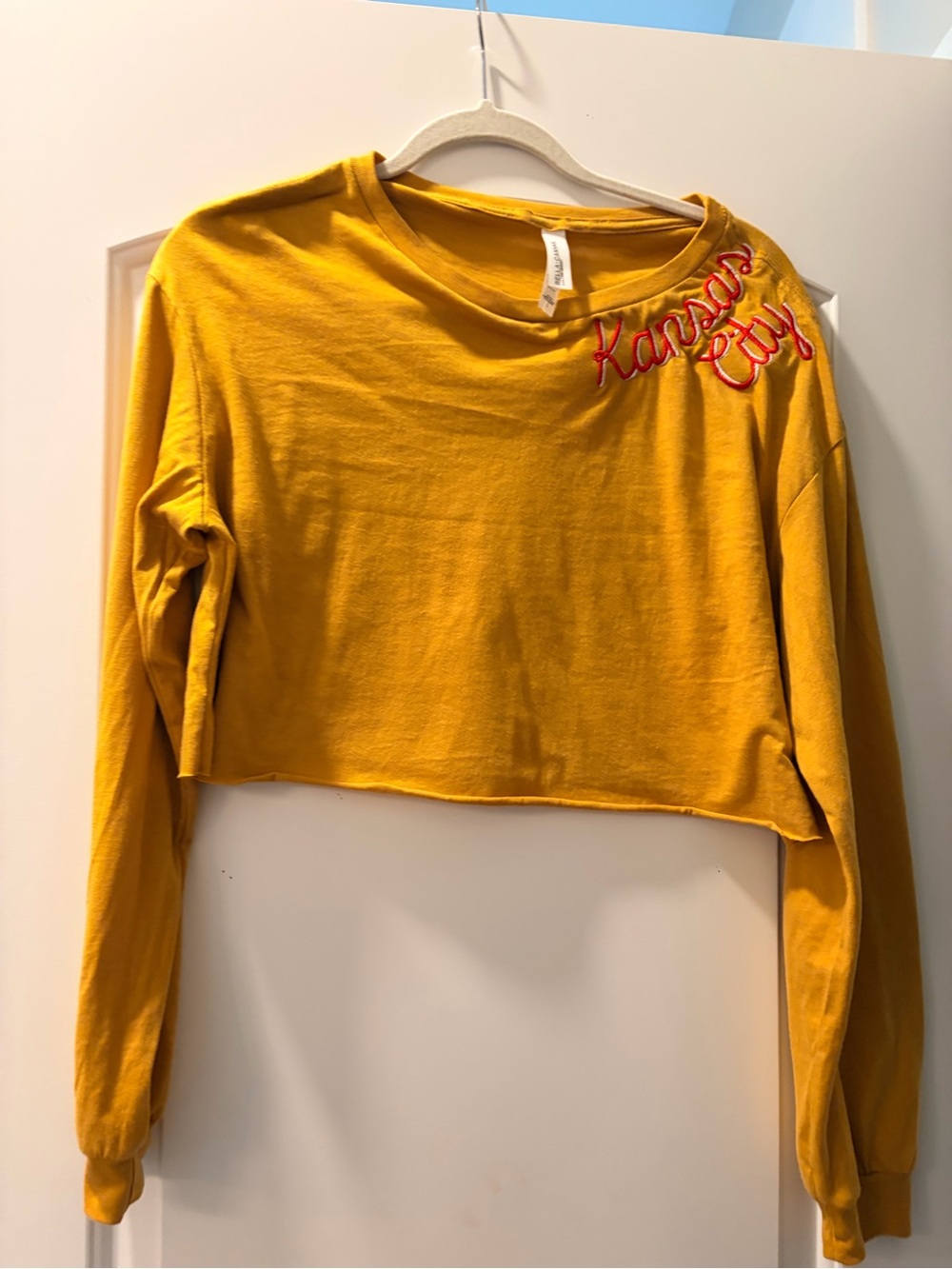 Bella Canvas Mustard Cropped Long-Sleeve Top with Red Embroidery